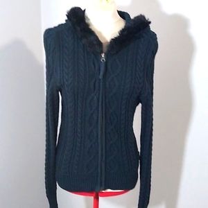DKNY Sweater Zip Up, Hooded Size Large Black